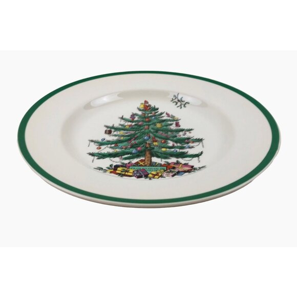 Vintage Spode Christmas Tree Holiday Dinner Plate England S3324U Green Trim - Picture 2 of 10